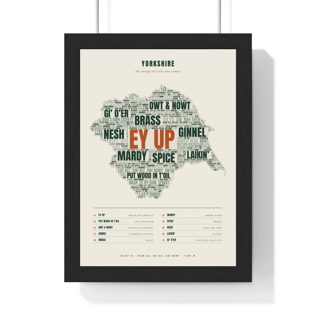 Yorkshire Sayings Print in a black frame