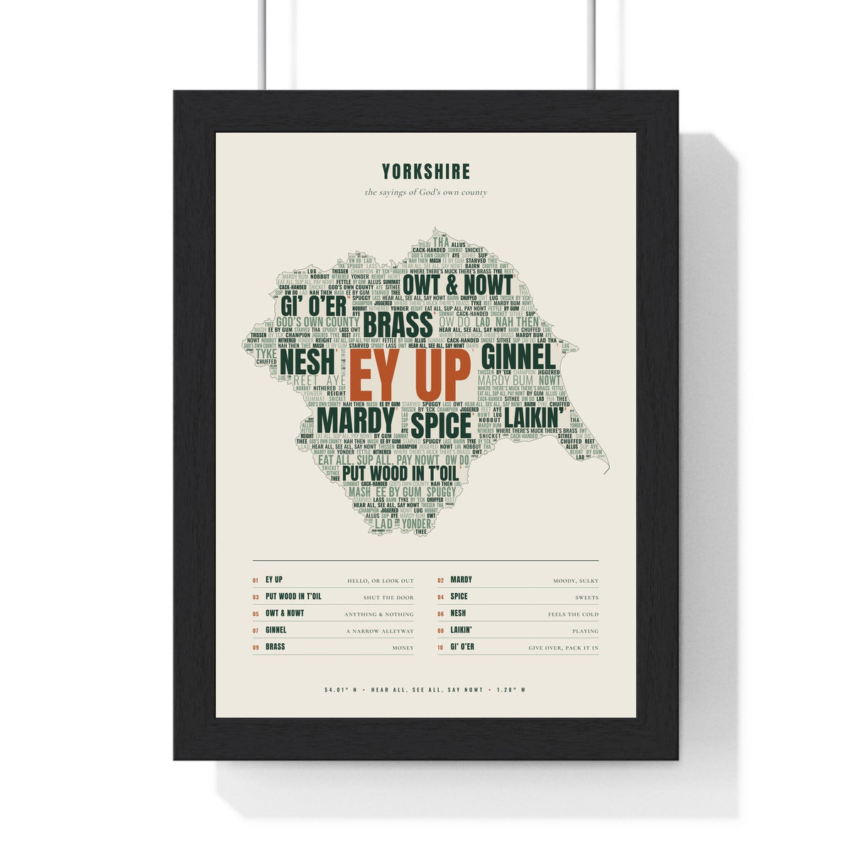 Yorkshire Sayings Word Map in a black frame, one of the three prints in the Yorkshire set