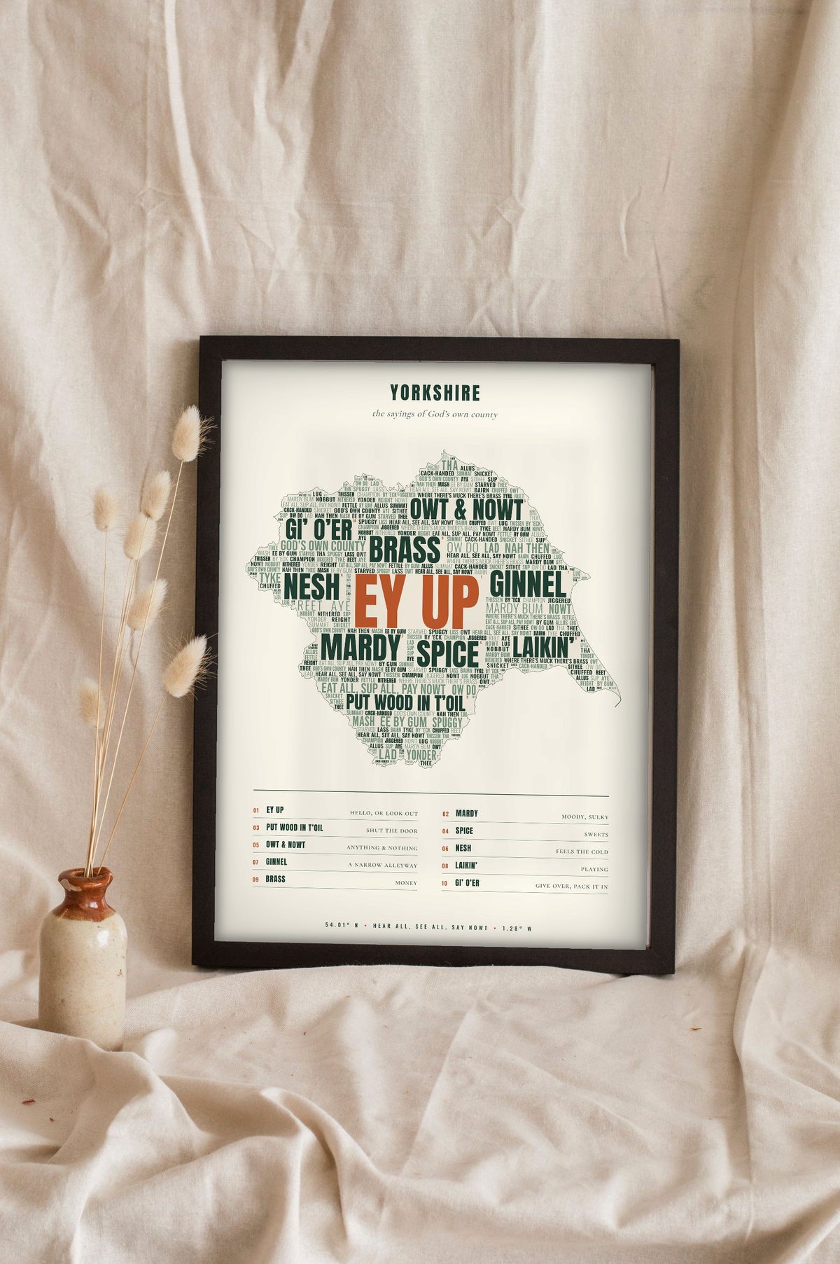 Yorkshire Sayings Print in a black frame propped up on linen
