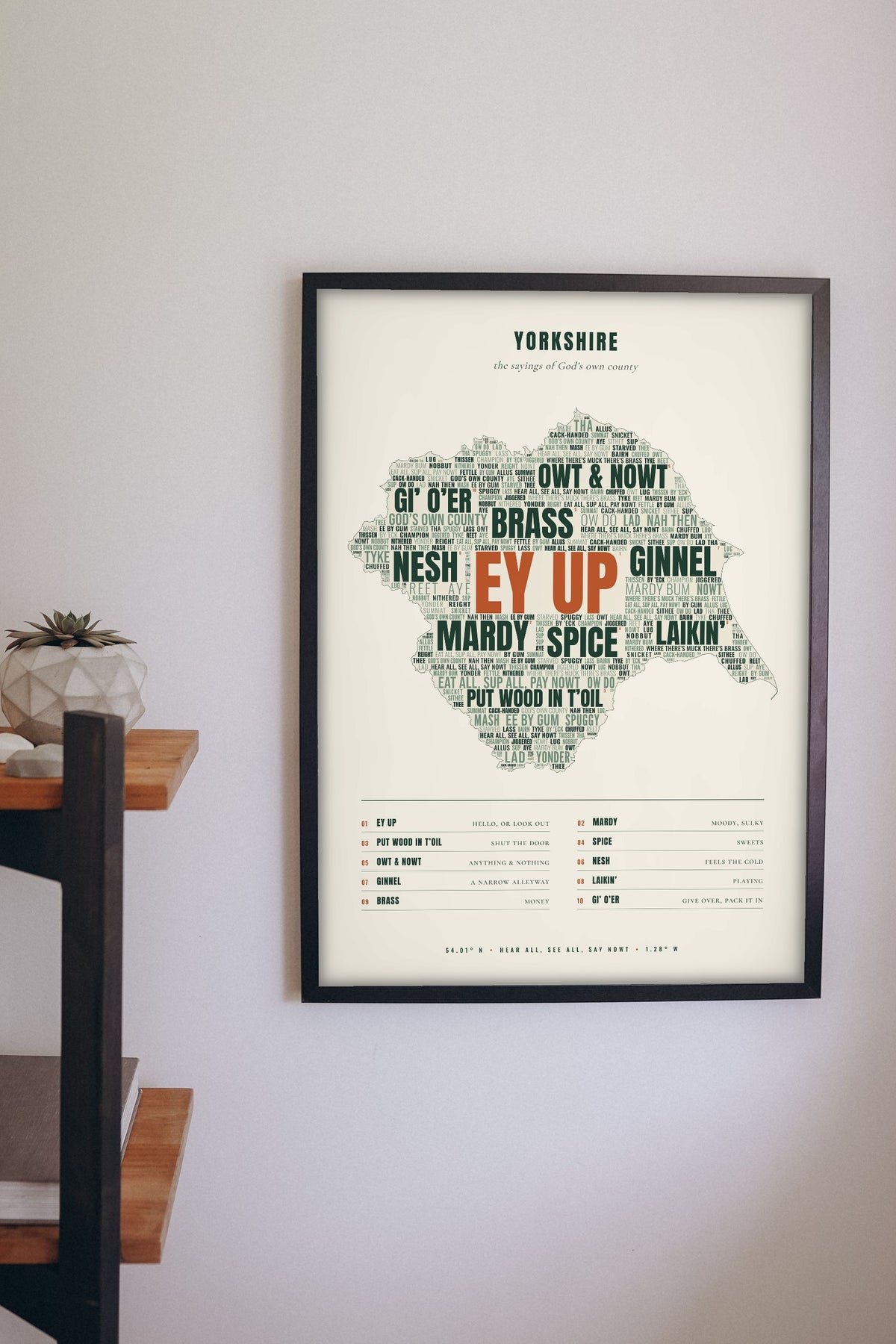 Yorkshire Sayings Print framed on a wall