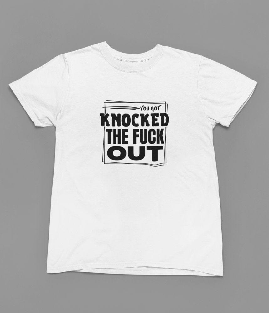 Black t-shirt with You Got Knocked The F Out Quote Friday Movie /Sweatshirt close-up
