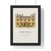 Wedding venue illustration from photo: a stone manor house painted in watercolour and ink, with the couple names, venue name and wedding date, framed anniversary print