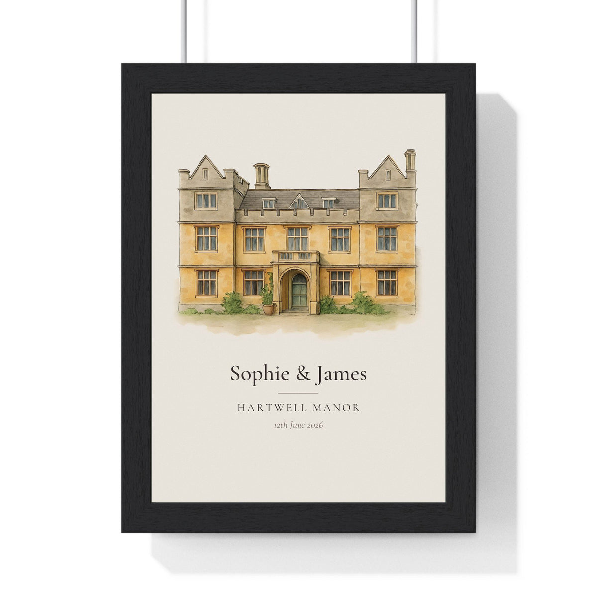 Wedding venue illustration from photo: a stone manor house painted in watercolour and ink, with the couple names, venue name and wedding date, framed anniversary print