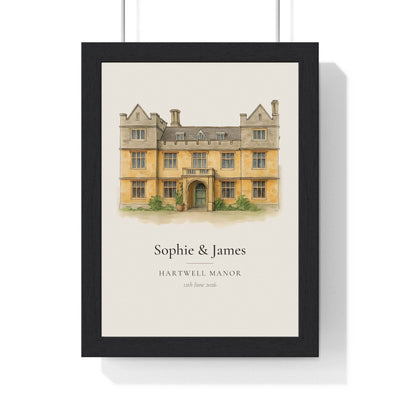 Wedding venue illustration from photo: a stone manor house painted in watercolour and ink, with the couple names, venue name and wedding date, framed anniversary print