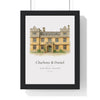 Wedding venue illustration from photo: a stone manor house painted in watercolour and ink, with the couple names, venue name and wedding date, framed anniversary print