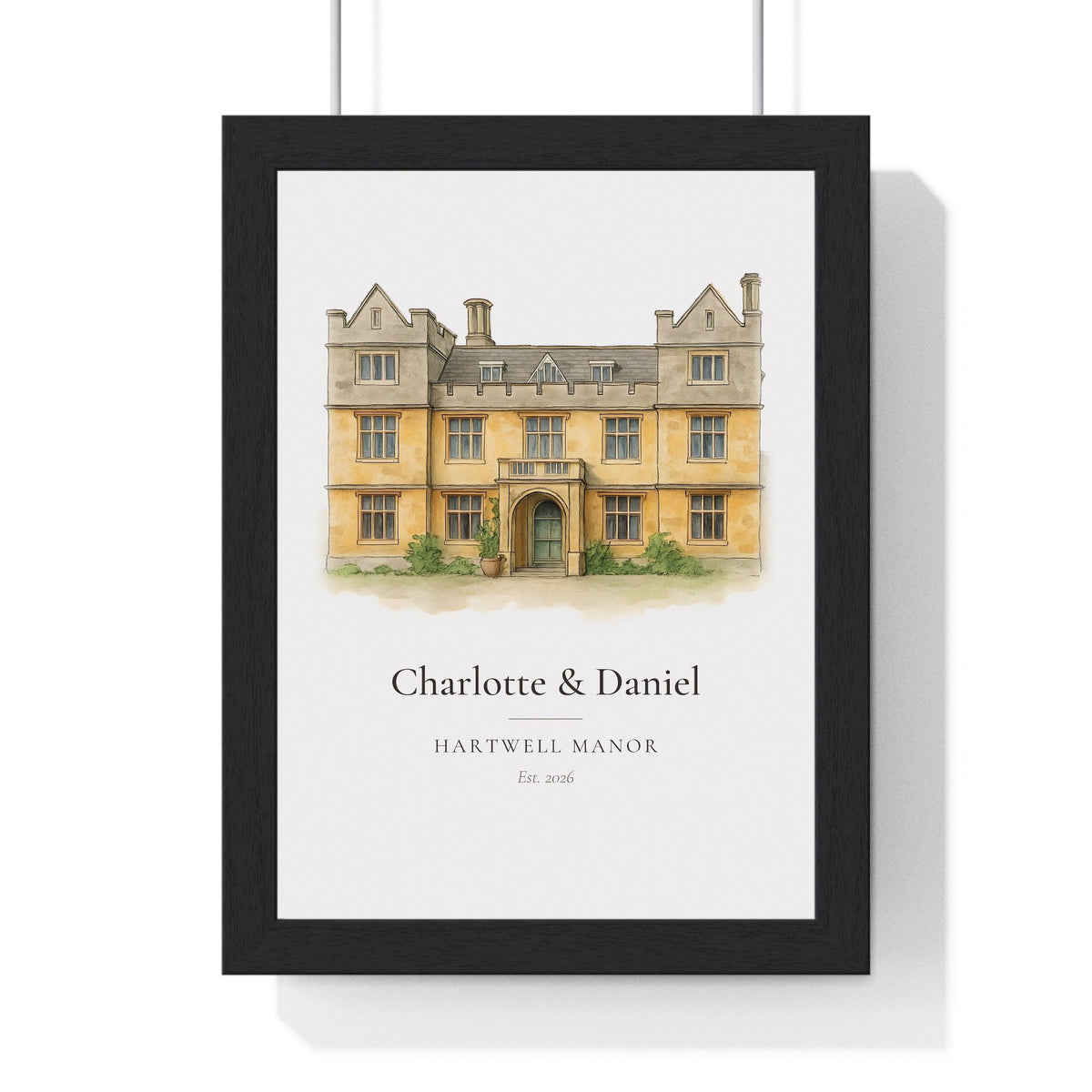 Wedding venue illustration from photo: a stone manor house painted in watercolour and ink, with the couple names, venue name and wedding date, framed anniversary print