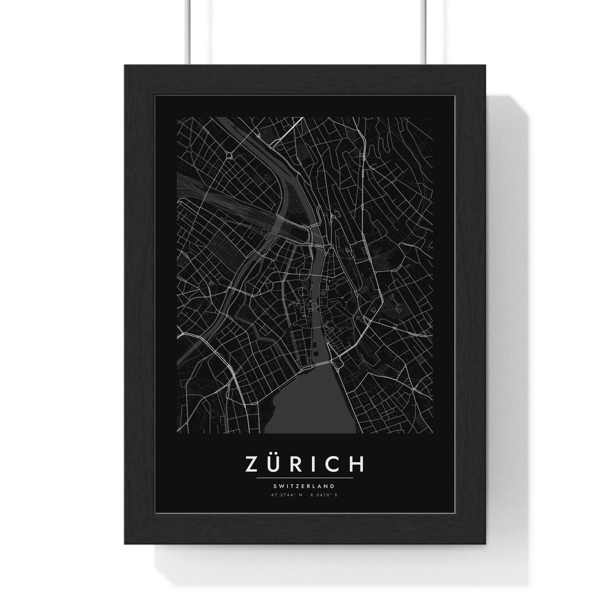 Zürich street map poster in black, minimal city map print framed in a black frame