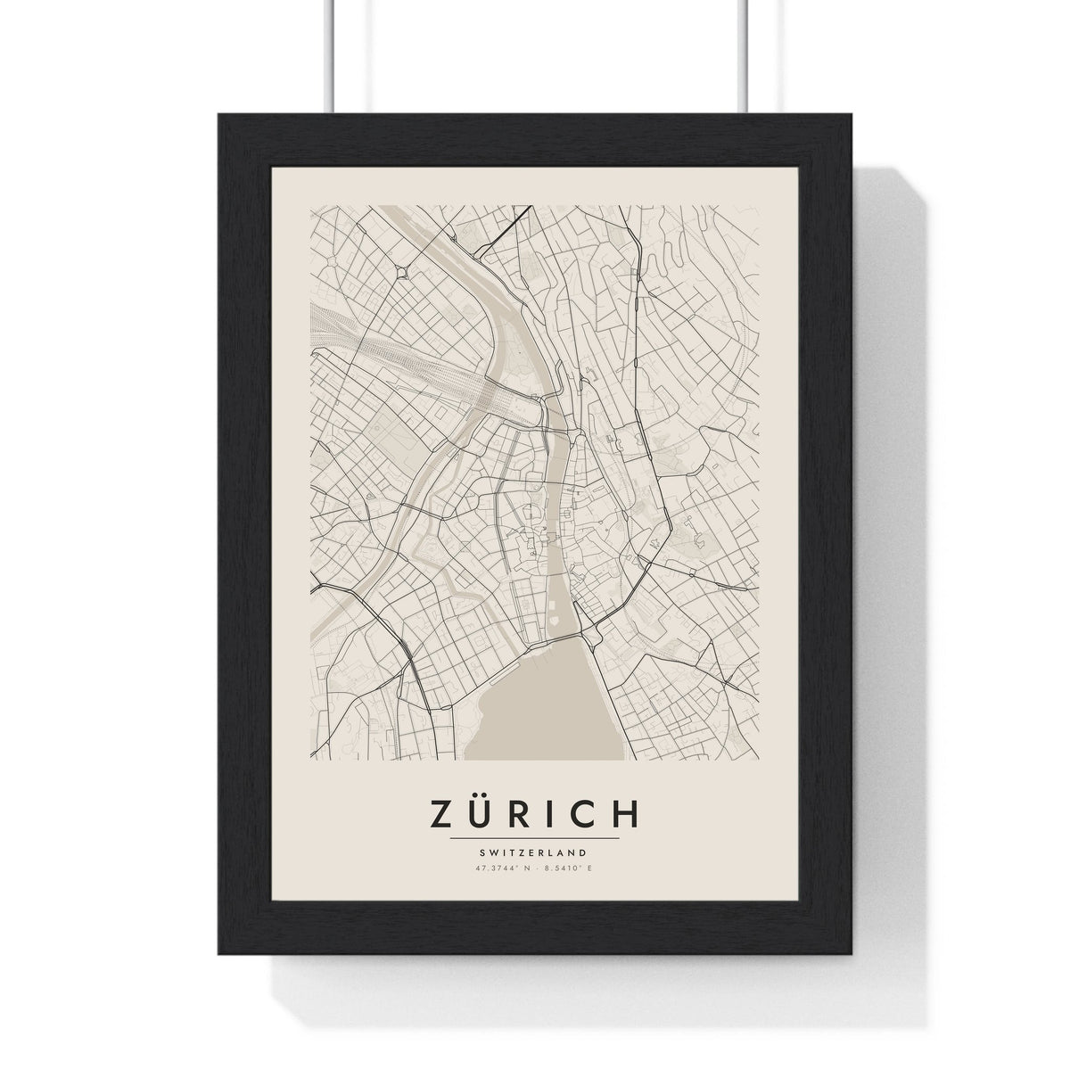 Zürich street map poster in cream, minimal city map print framed in a black frame