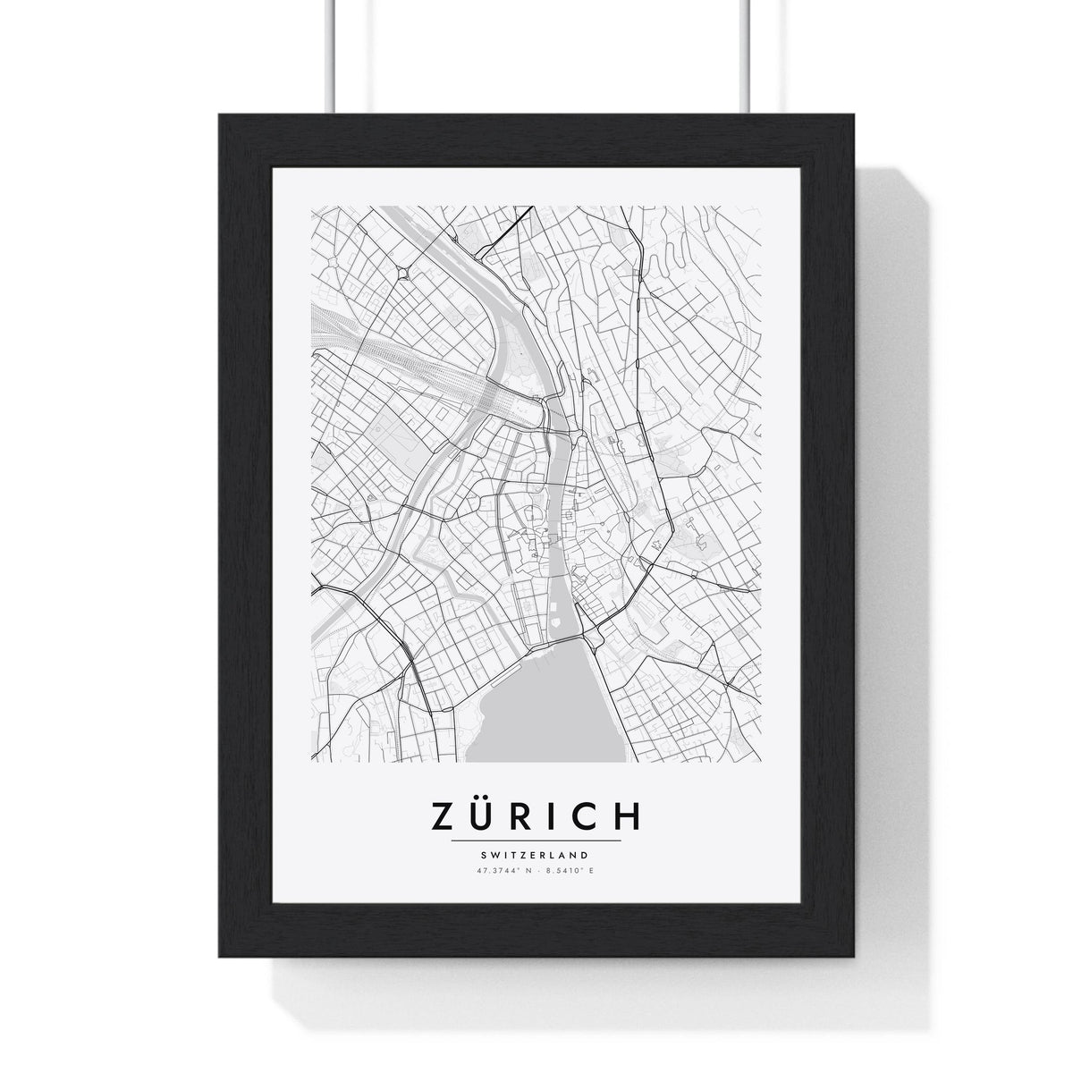 Zürich street map poster in white, minimal city map print framed in a black frame