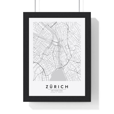 Zürich street map poster in white, minimal city map print framed in a black frame