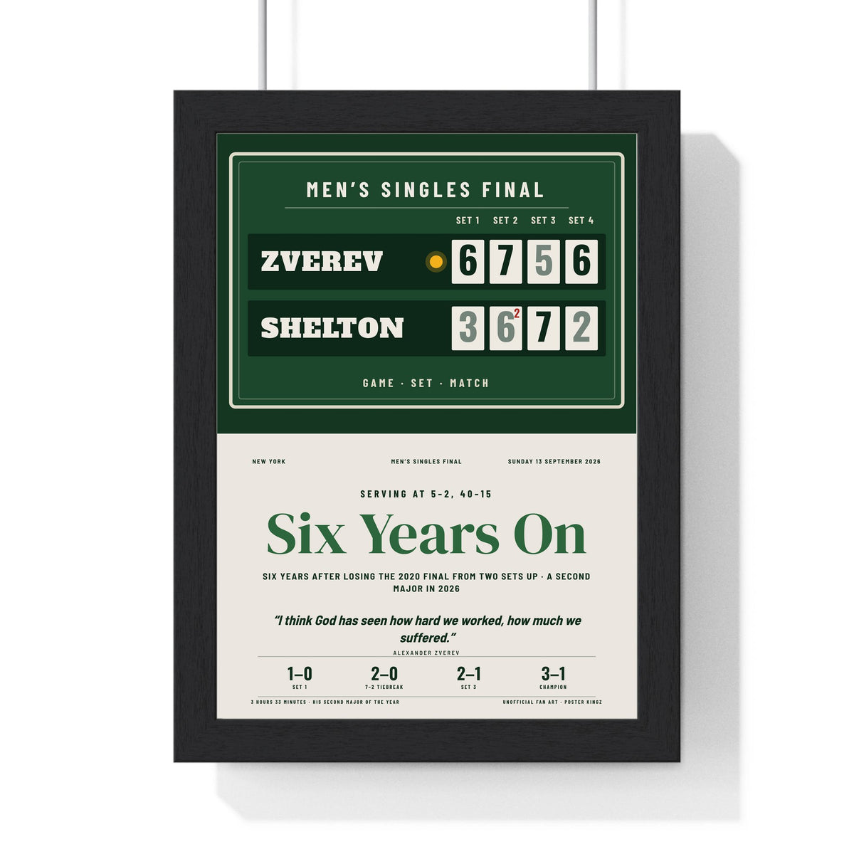 Six Years On 2026 Tennis print framed in a black frame, ready to hang