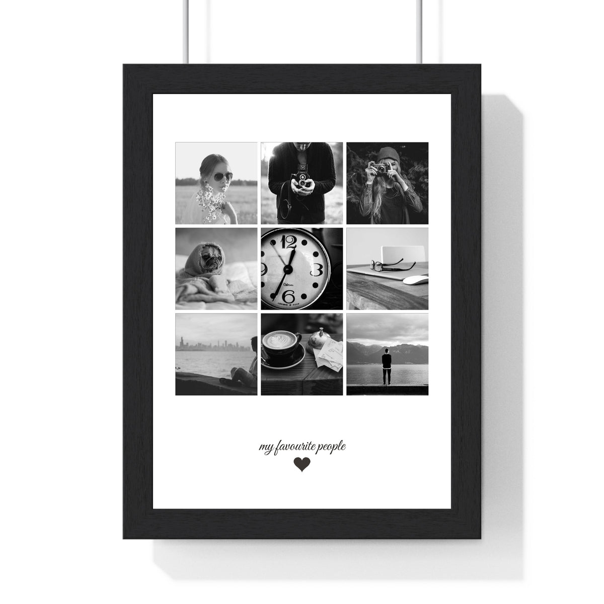Framed personalised photo collage print displayed on living room wall