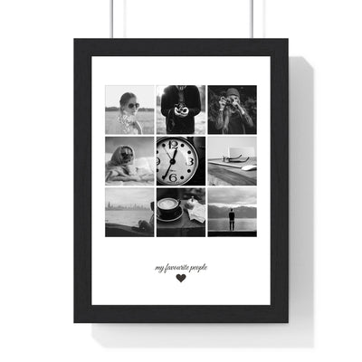 Framed personalised photo collage print displayed on living room wall